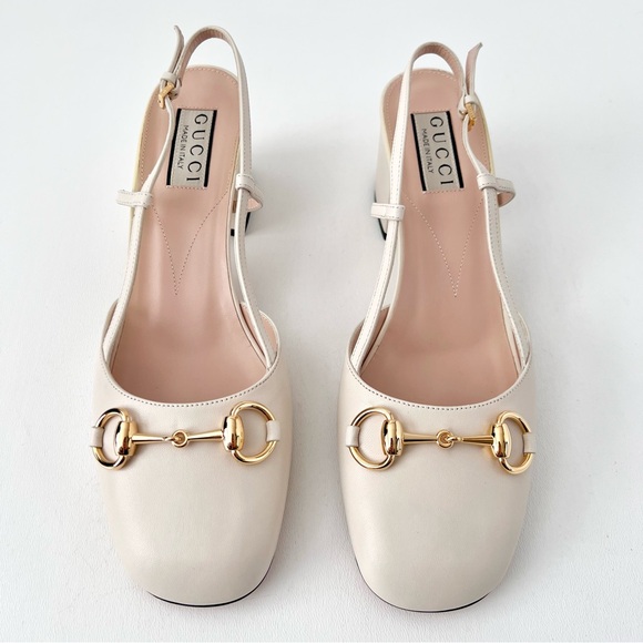 GUCCI || Lady Horsebit White Leather Slingback Closed Toe Block Heel Pumps 7.5 - Picture 3 of 14